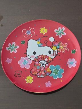 Sanrio Hello Kitty Melamine Plates Kimono Fan Flowers 9”